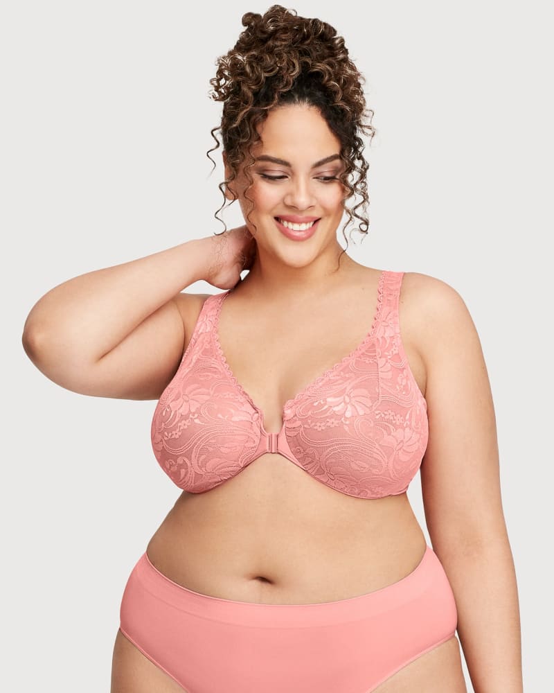 Front of a model wearing a size 40F WonderWire Front-Closure Stretch Lace Bra in Apricot by Glamorise. | dia_product_style_image_id:263014